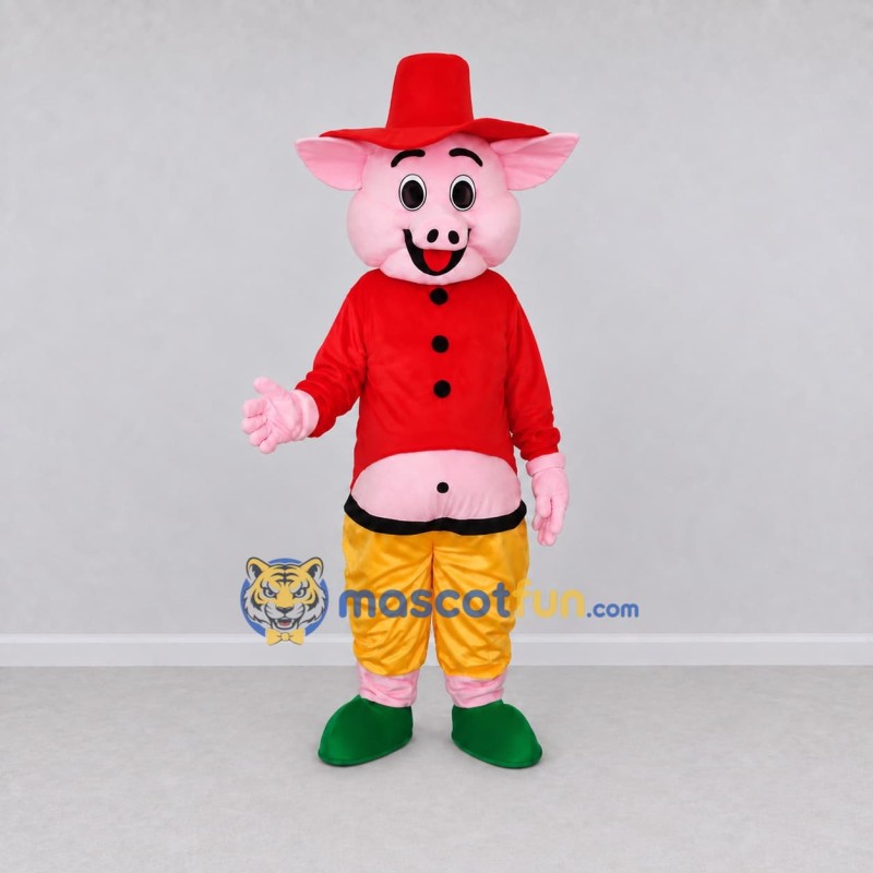 Custom Pink and Red Pig in a Hat and Jacket Mascot Costume Adult Full Body Suit for Theme Parties Custom Pink and Red Pig in a Hat and Jacket Mascot Costume Adult Full Body Suit for Theme Parties