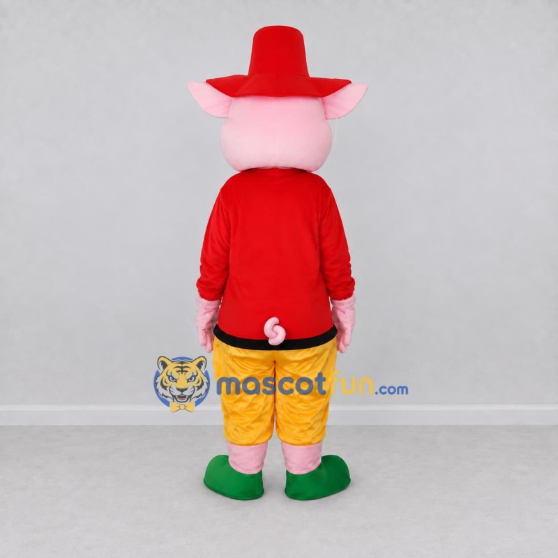 Custom Pink and Red Pig in a Hat and Jacket Mascot Costume Adult Full Body Suit for Theme Parties Custom Pink and Red Pig in a Hat and Jacket Mascot Costume Adult Full Body Suit for Theme Parties