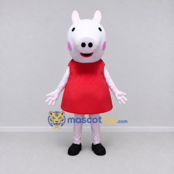 Custom Light Pink and Red Pig Character in a Dress Mascot Costume Adult Full Body Suit for School Events