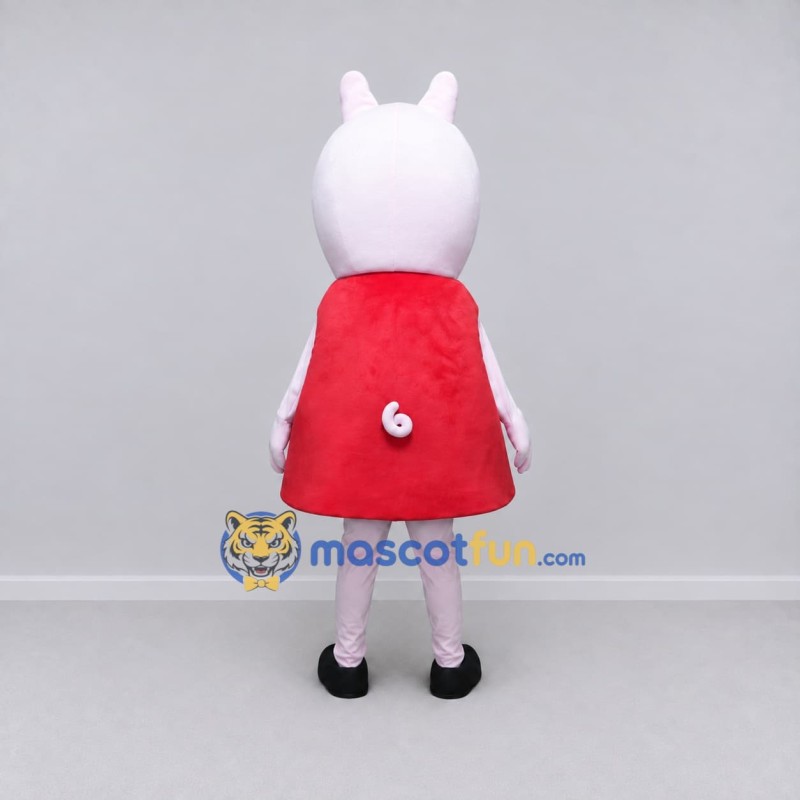 Custom Light Pink and Red Pig Character in a Dress Mascot Costume Adult Full Body Suit for School Events