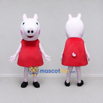 Custom Light Pink and Red Pig Character in a Dress Mascot Costume Adult Full Body Suit for School Events