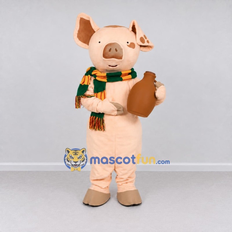 Custom Peach and Green Pig with a Scarf Mascot Costume Adult Full Body Suit for Winter Events Custom Peach and Green Pig with a Scarf Mascot Costume Adult Full Body Suit for Winter Events