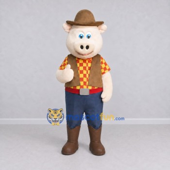 Custom Cream and Brown Cowboy Pig Mascot Costume Adult Full Body Suit for Theme Parties