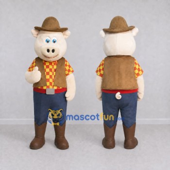 Custom Cream and Brown Cowboy Pig Mascot Costume Adult Full Body Suit for Theme Parties