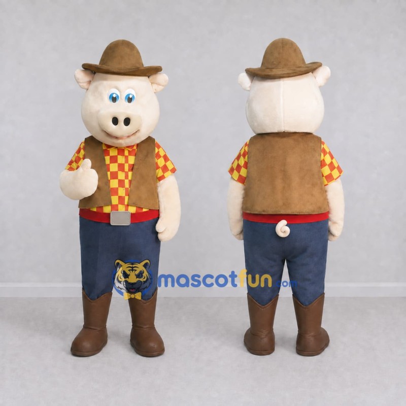 Custom Cream and Brown Cowboy Pig Mascot Costume Adult Full Body Suit for Theme Parties Custom Cream and Brown Cowboy Pig Mascot Costume Adult Full Body Suit for Theme Parties