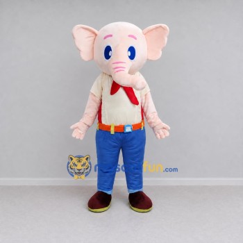 Custom Light Pink and Blue Elephant in Suspenders Mascot Costume Adult Full Body Suit for School Events Custom Light Pink and Blue Elephant in Suspenders Mascot Costume Adult Full Body Suit for School Events