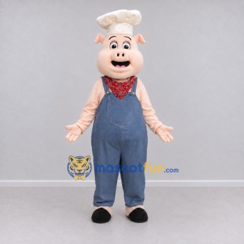Custom Pink and Blue Pig Chef in Overalls Mascot Costume Adult Full Body Suit for Food Festivals Custom Pink and Blue Pig Chef in Overalls Mascot Costume Adult Full Body Suit for Food Festivals
