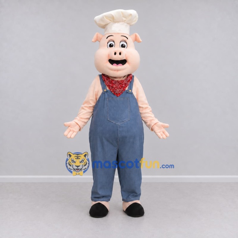 Custom Pink and Blue Pig Chef in Overalls Mascot Costume Adult Full Body Suit for Food Festivals Custom Pink and Blue Pig Chef in Overalls Mascot Costume Adult Full Body Suit for Food Festivals