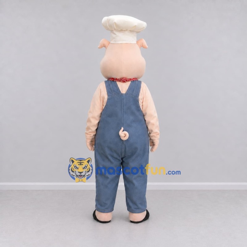 Custom Pink and Blue Pig Chef in Overalls Mascot Costume Adult Full Body Suit for Food Festivals Custom Pink and Blue Pig Chef in Overalls Mascot Costume Adult Full Body Suit for Food Festivals