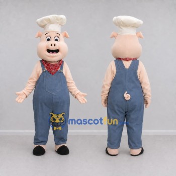 Custom Pink and Blue Pig Chef in Overalls Mascot Costume Adult Full Body Suit for Food Festivals