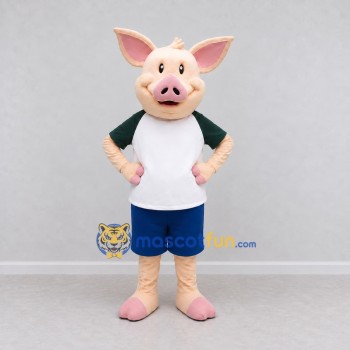 Custom Cream and Blue Pig in Sportswear Mascot Costume Adult Full Body Suit for Sports Events Custom Cream and Blue Pig in Sportswear Mascot Costume Adult Full Body Suit for Sports Events