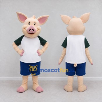 Custom Cream and Blue Pig in Sportswear Mascot Costume Adult Full Body Suit for Sports Events