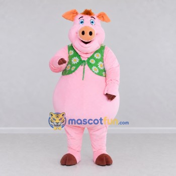 Custom Pink and Green Pig in a Floral Vest Mascot Costume Adult Full Body Suit for School Events