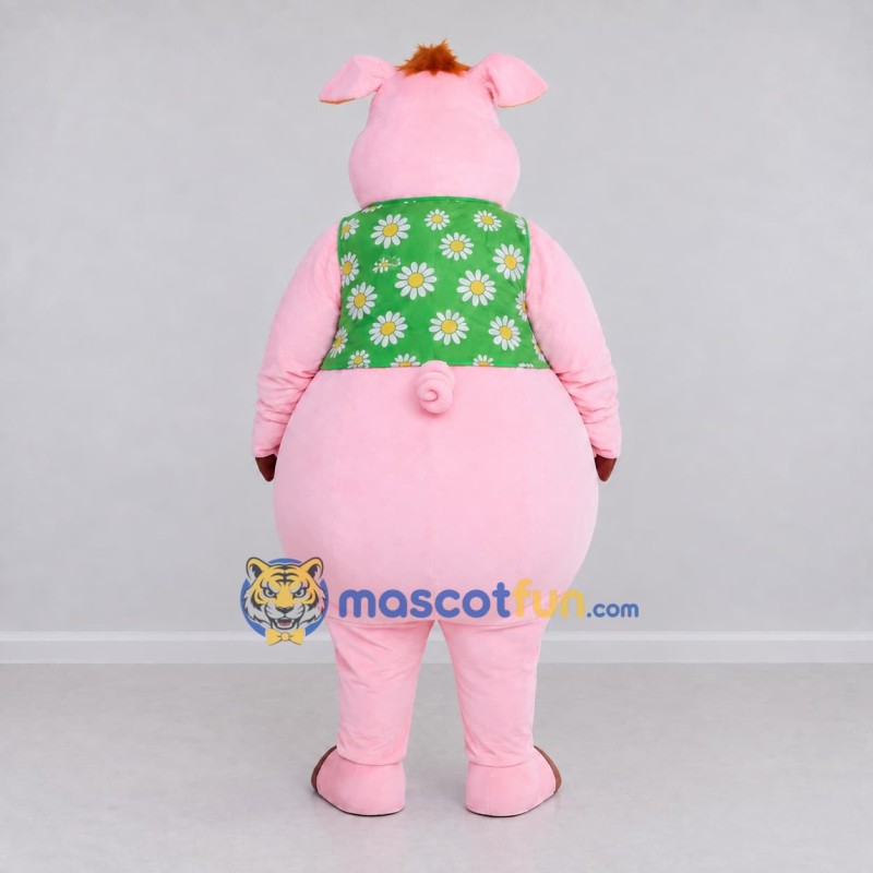 Custom Pink and Green Pig in a Floral Vest Mascot Costume Adult Full Body Suit for School Events Custom Pink and Green Pig in a Floral Vest Mascot Costume Adult Full Body Suit for School Events