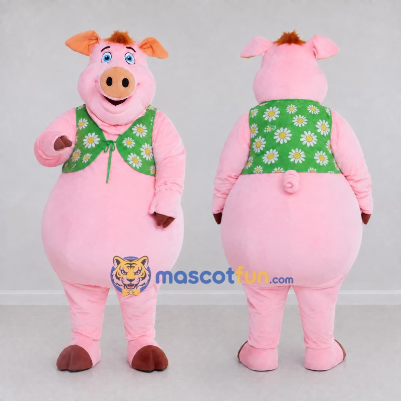 Custom Pink and Green Pig in a Floral Vest Mascot Costume Adult Full Body Suit for School Events Custom Pink and Green Pig in a Floral Vest Mascot Costume Adult Full Body Suit for School Events