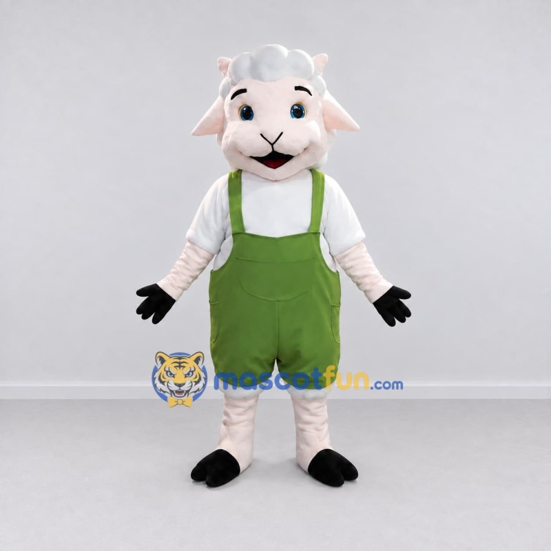 Custom White and Green Sheep in Overalls Mascot Costume Adult Full Body Suit for Farm Events Custom White and Green Sheep in Overalls Mascot Costume Adult Full Body Suit for Farm Events