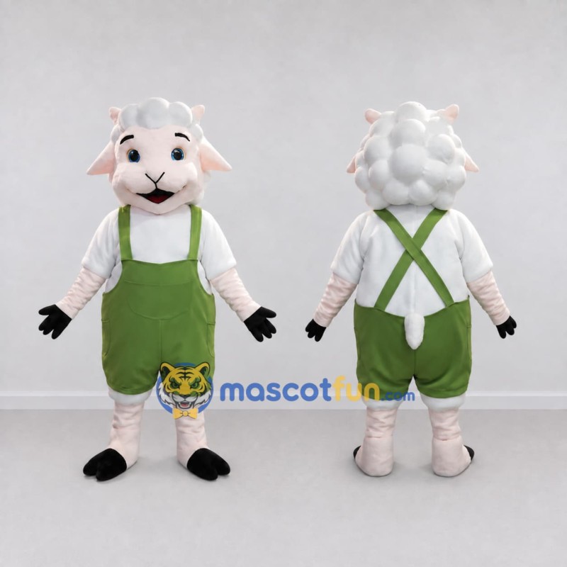 Custom White and Green Sheep in Overalls Mascot Costume Adult Full Body Suit for Farm Events Custom White and Green Sheep in Overalls Mascot Costume Adult Full Body Suit for Farm Events
