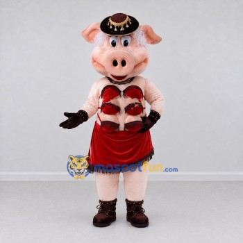 Custom Pink and Red Pig in a Party Dress Mascot Costume Adult Full Body Suit for Theme Parties