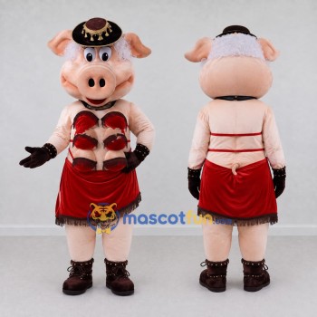 Custom Pink and Red Pig in a Party Dress Mascot Costume Adult Full Body Suit for Theme Parties