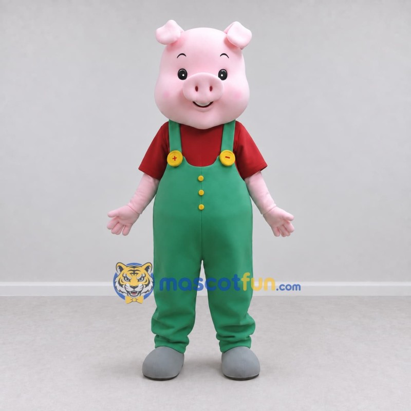 Custom Pink and Green Pig in Overalls Mascot Costume Adult Full Body Suit for Farm Events Custom Pink and Green Pig in Overalls Mascot Costume Adult Full Body Suit for Farm Events
