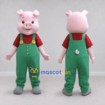Custom Pink and Green Pig in Overalls Mascot Costume Adult Full Body Suit for Farm Events