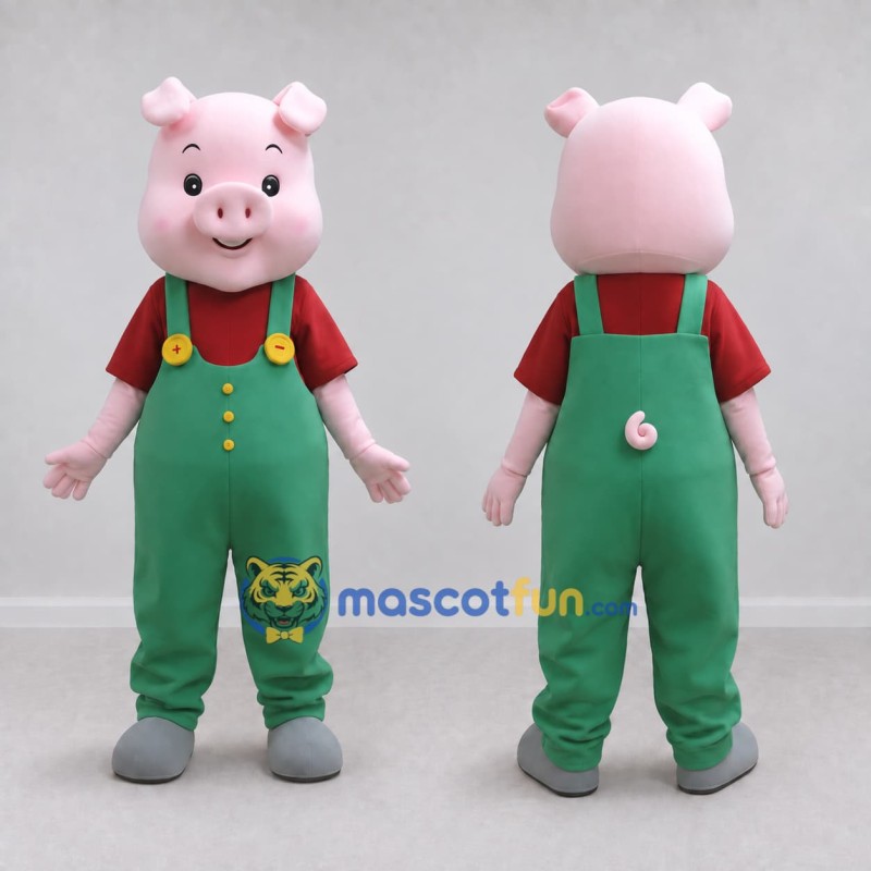 Custom Pink and Green Pig in Overalls Mascot Costume Adult Full Body Suit for Farm Events Custom Pink and Green Pig in Overalls Mascot Costume Adult Full Body Suit for Farm Events