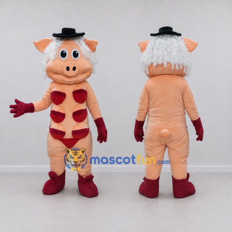 Custom Peach and Red Pig Character with a Hat Mascot Costume Adult Full Body Suit for Theme Parties Custom Peach and Red Pig Character with a Hat Mascot Costume Adult Full Body Suit for Theme Parties