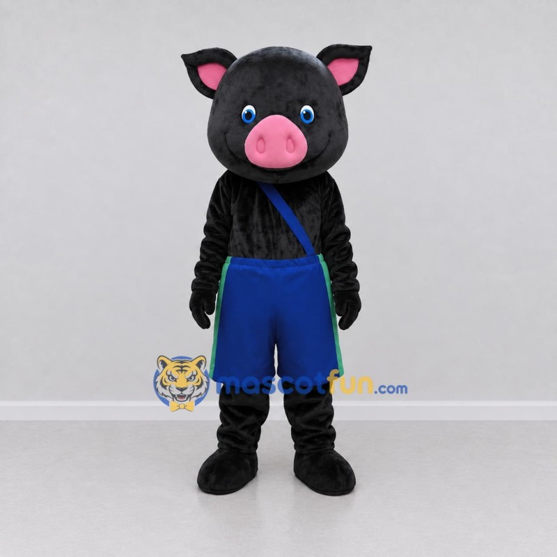 Custom Black and Blue Pig in Overalls Mascot Costume Adult Full Body Suit for Farm Events Custom Black and Blue Pig in Overalls Mascot Costume Adult Full Body Suit for Farm Events