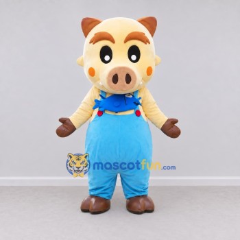 Custom Cream and Light Blue Pig in Overalls Mascot Costume Adult Full Body Suit for School Events Custom Cream and Light Blue Pig in Overalls Mascot Costume Adult Full Body Suit for School Events