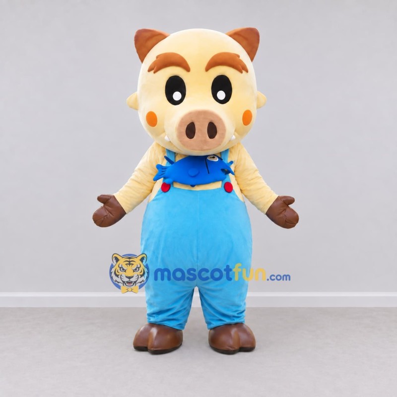 Custom Cream and Light Blue Pig in Overalls Mascot Costume Adult Full Body Suit for School Events Custom Cream and Light Blue Pig in Overalls Mascot Costume Adult Full Body Suit for School Events