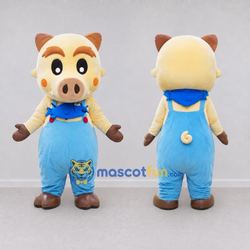 Custom Cream and Light Blue Pig in Overalls Mascot Costume Adult Full Body Suit for School Events Custom Cream and Light Blue Pig in Overalls Mascot Costume Adult Full Body Suit for School Events