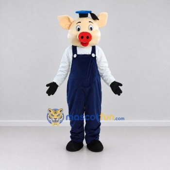 Custom Cream and Navy Blue Pig in Overalls and a Cap Mascot Costume Adult Full Body Suit for School Events