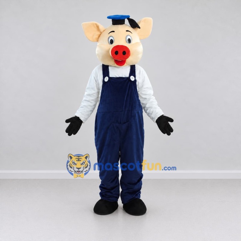 Custom Cream and Navy Blue Pig in Overalls and a Cap Mascot Costume Adult Full Body Suit for School Events