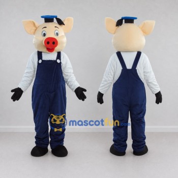 Custom Cream and Navy Blue Pig in Overalls and a Cap Mascot Costume Adult Full Body Suit for School Events
