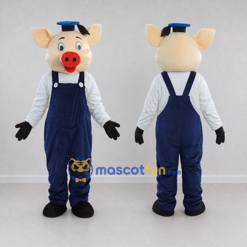 Custom Cream and Navy Blue Pig in Overalls and a Cap Mascot Costume Adult Full Body Suit for School Events