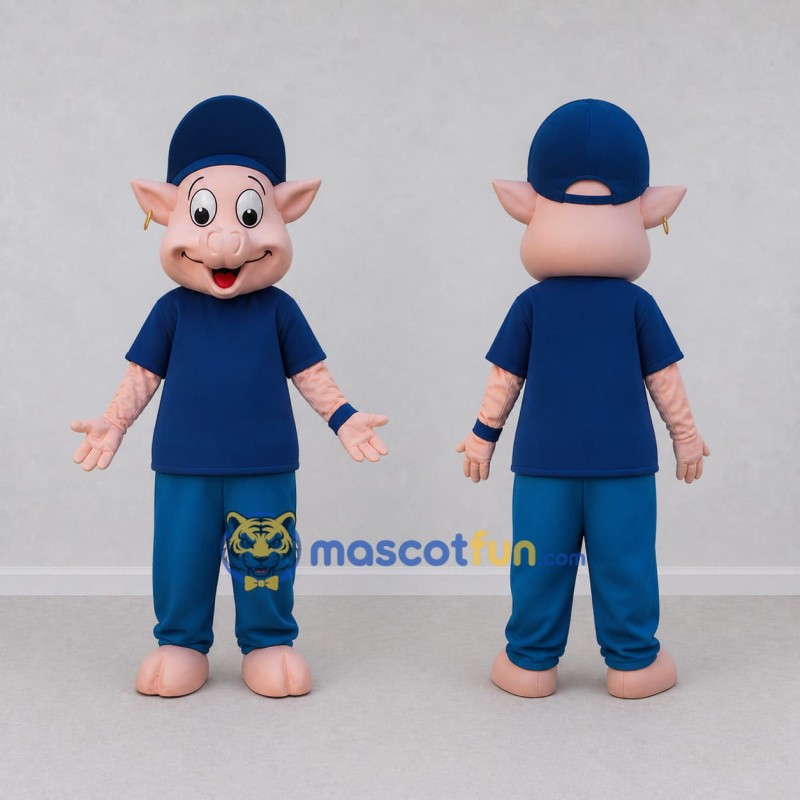 Custom Pink and Blue Pig in Casual Clothes Mascot Costume Adult Full Body Suit for School Events Custom Pink and Blue Pig in Casual Clothes Mascot Costume Adult Full Body Suit for School Events