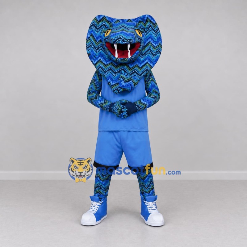 Custom Blue and Black Cobra in Sportswear Mascot Costume Adult Full Body Suit for Sports Events Custom Blue and Black Cobra in Sportswear Mascot Costume Adult Full Body Suit for Sports Events