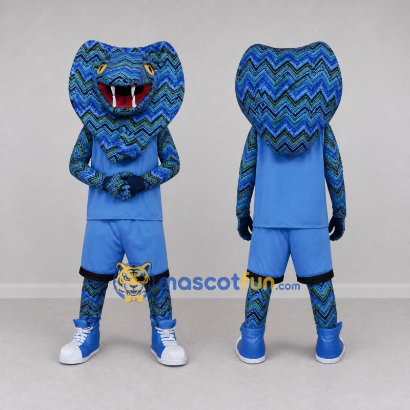 Custom Blue and Black Cobra in Sportswear Mascot Costume Adult Full Body Suit for Sports Events Custom Blue and Black Cobra in Sportswear Mascot Costume Adult Full Body Suit for Sports Events