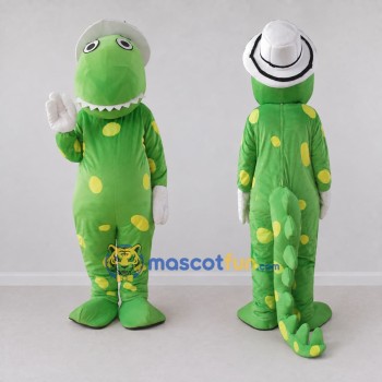 Custom Green and Yellow Dinosaur Character with a Hat Mascot Costume Adult Full Body Suit for School Events