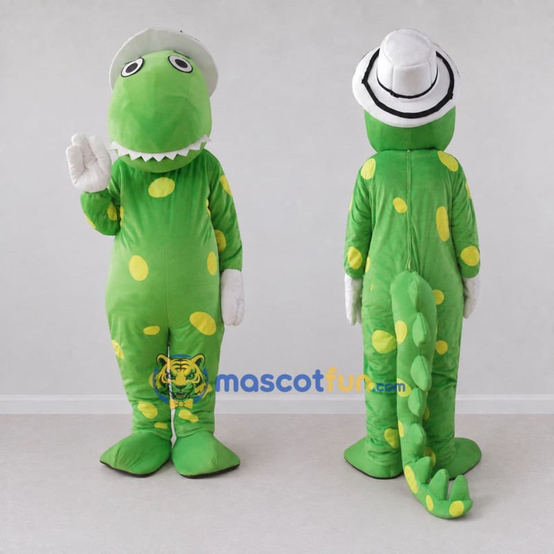Custom Green and Yellow Dinosaur Character with a Hat Mascot Costume Adult Full Body Suit for School Events Custom Green and Yellow Dinosaur Character with a Hat Mascot Costume Adult Full Body Suit for School Events