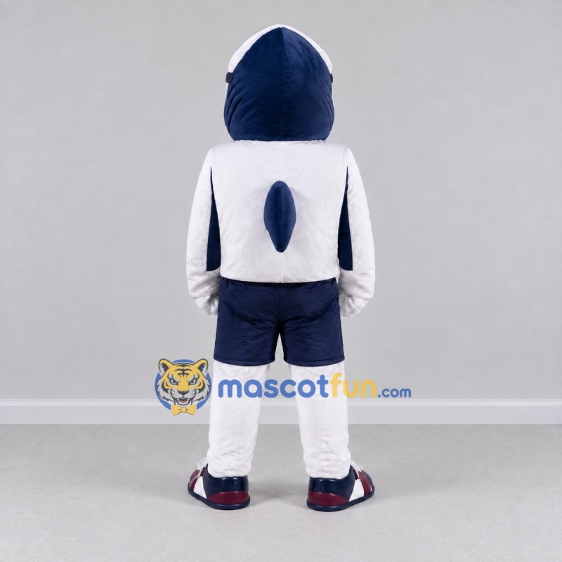 Custom White and Navy Blue Shark in Sportswear Mascot Costume Adult Full Body Suit for Sports Events Custom White and Navy Blue Shark in Sportswear Mascot Costume Adult Full Body Suit for Sports Events
