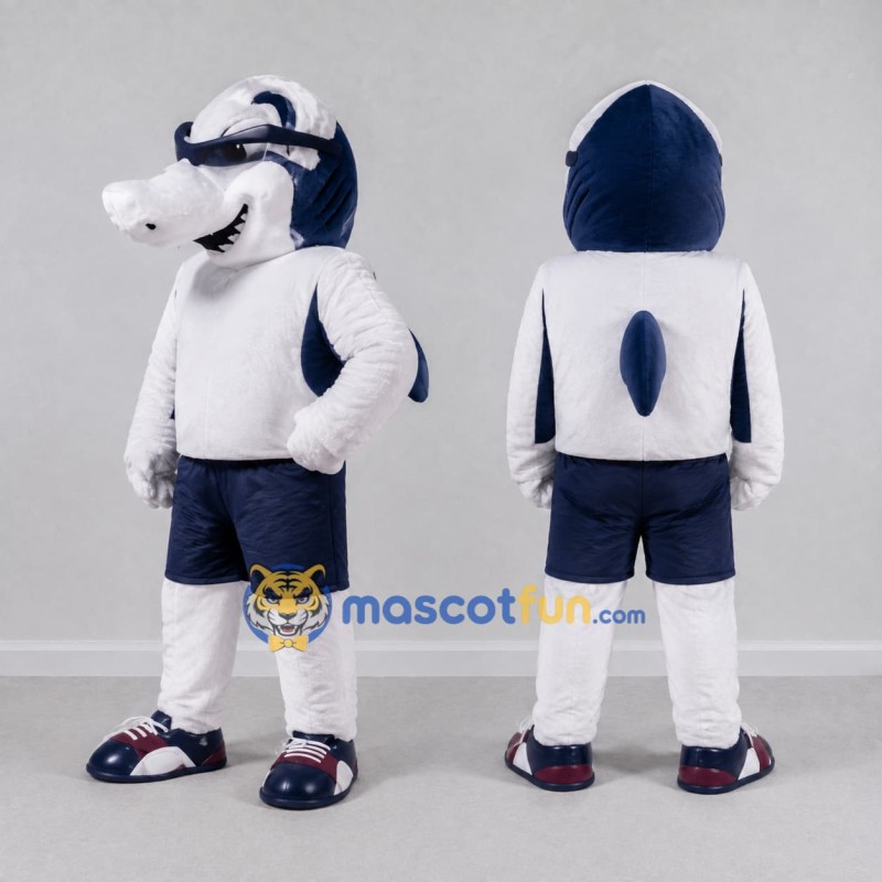 Custom White and Navy Blue Shark in Sportswear Mascot Costume Adult Full Body Suit for Sports Events Custom White and Navy Blue Shark in Sportswear Mascot Costume Adult Full Body Suit for Sports Events