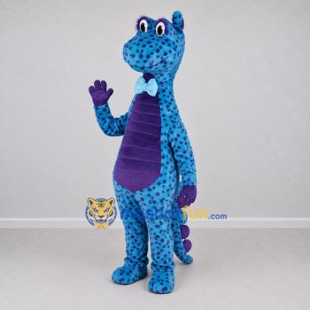 Custom Blue and Purple Dinosaur Character with a Bow Tie Mascot Costume Adult Full Body Suit for Dinosaur Events Custom Blue and Purple Dinosaur Character with a Bow Tie Mascot Costume Adult Full Body Suit for Dinosaur Events