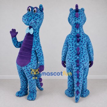 Custom Blue and Purple Dinosaur Character with a Bow Tie Mascot Costume Adult Full Body Suit for Dinosaur Events
