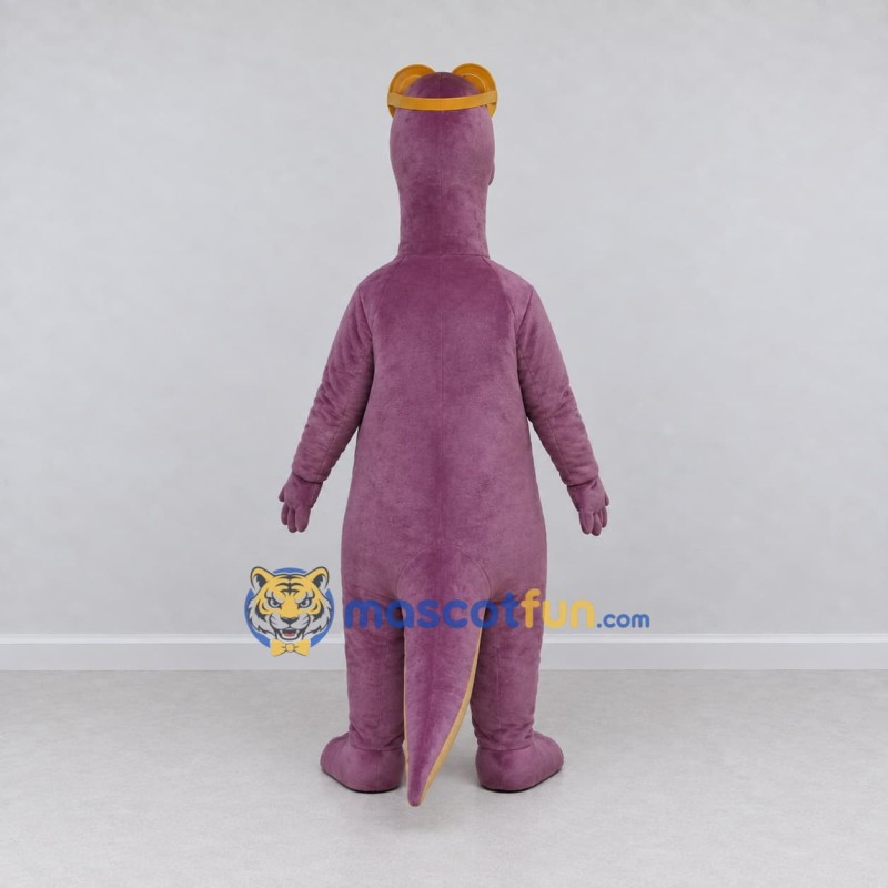 Custom Purple and Yellow Long-Neck Dinosaur with Sunglasses Mascot Costume Adult Full Body Suit for Summer Events Custom Purple and Yellow Long-Neck Dinosaur with Sunglasses Mascot Costume Adult Full Body Suit for Summer Events