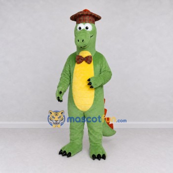 Custom Green and Orange Dinosaur Character with a Hat and Bow Tie Mascot Costume Adult Full Body Suit for Dinosaur Events
