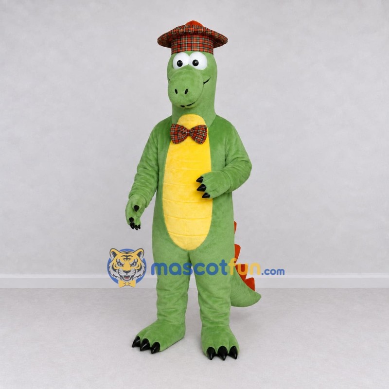 Custom Green and Orange Dinosaur Character with a Hat and Bow Tie Mascot Costume Adult Full Body Suit for Dinosaur Events Custom Green and Orange Dinosaur Character with a Hat and Bow Tie Mascot Costume Adult Full Body Suit for Dinosaur Events
