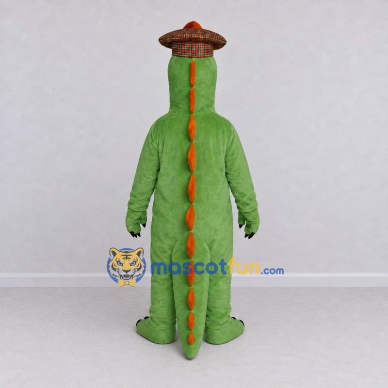 Custom Green and Orange Dinosaur Character with a Hat and Bow Tie Mascot Costume Adult Full Body Suit for Dinosaur Events Custom Green and Orange Dinosaur Character with a Hat and Bow Tie Mascot Costume Adult Full Body Suit for Dinosaur Events