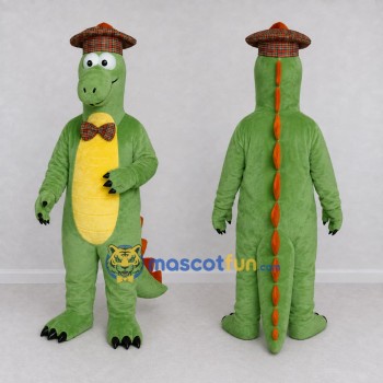 Custom Green and Orange Dinosaur Character with a Hat and Bow Tie Mascot Costume Adult Full Body Suit for Dinosaur Events