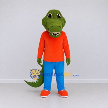 Custom Green and Orange Crocodile in Casual Clothes Mascot Costume Adult Full Body Suit for School Events